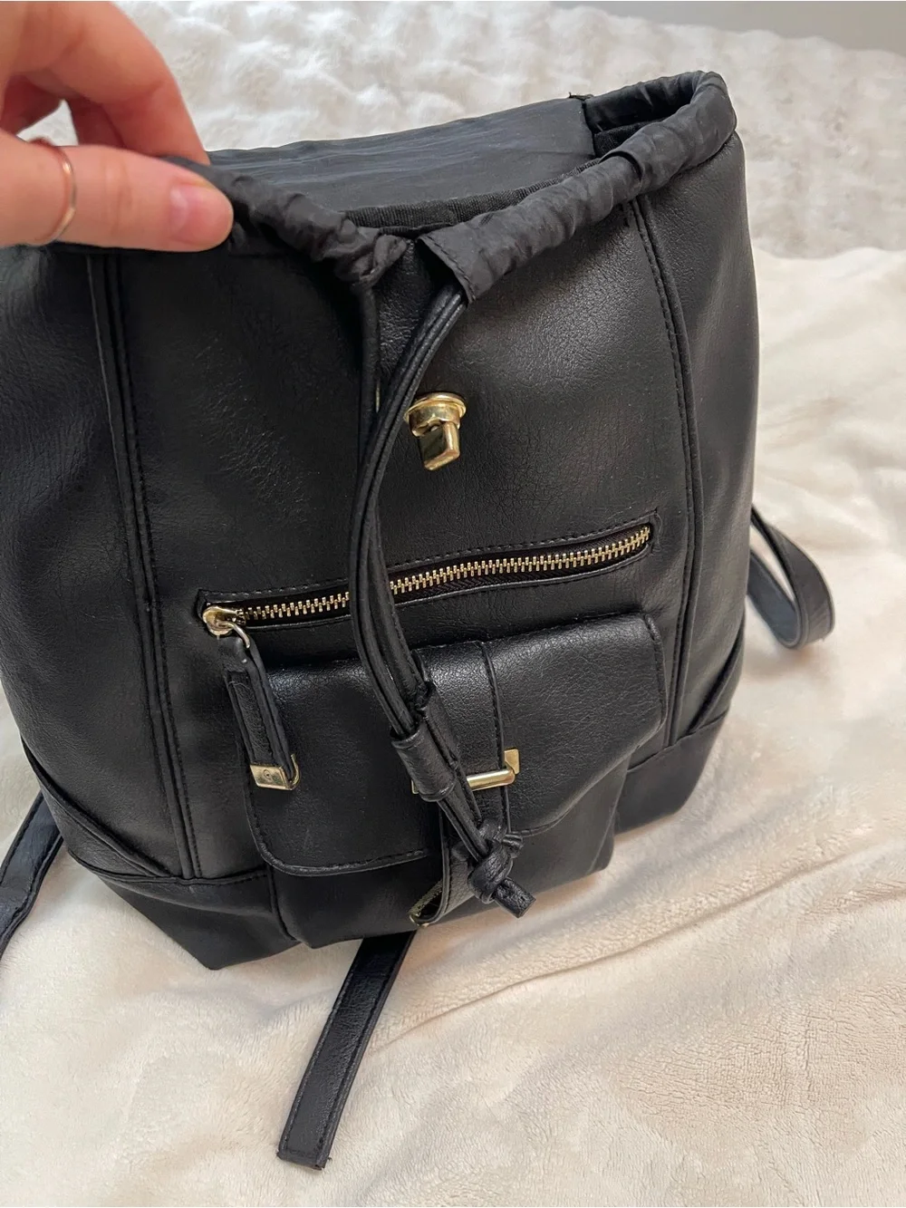 Sleek Black Faux Leather Mini Backpack with Gold Accents